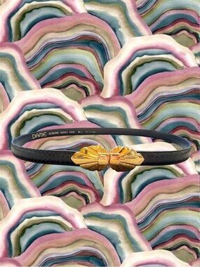 VTG Dame Blue Genuine Snakeskin Leather Gold Bow Buckle Belt Size M/L